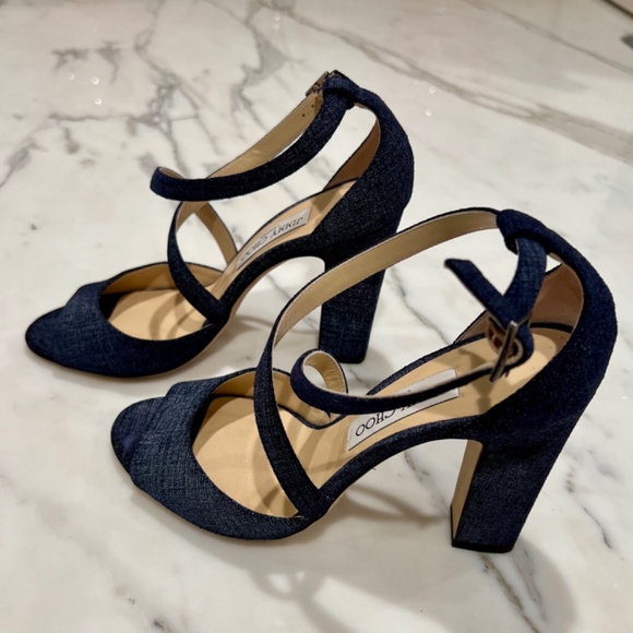 ** SOLD **. Jimmy Choo Denim Peep Toe, Strap Sandals - Picture 4 of 7